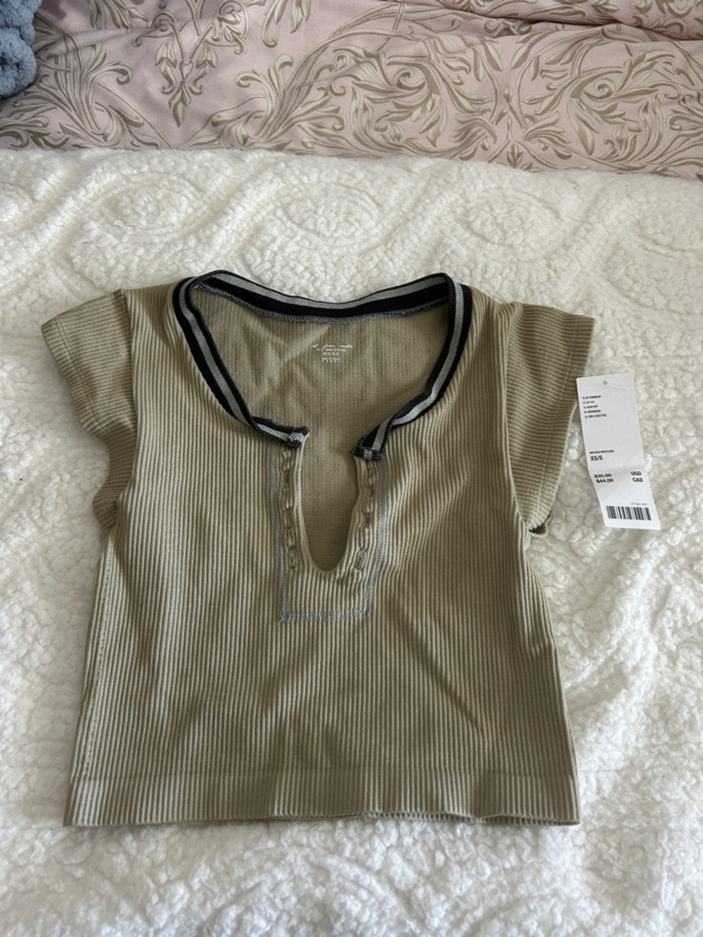 Urban Outfitters Olive Ribbed Henley Crop Top with Contrast Trim